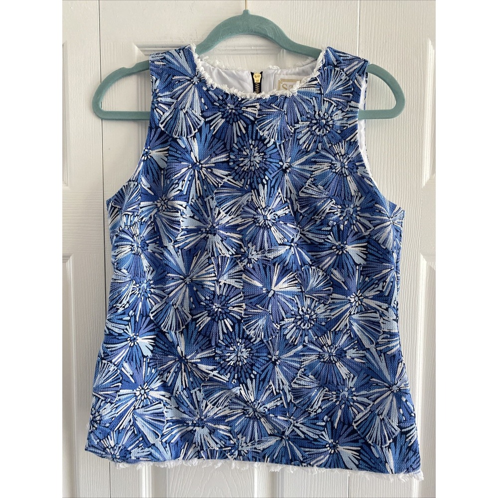 Sail to Sable Floral Jacquard Shell Womens Size M Blue Sleeveless Fringe Top